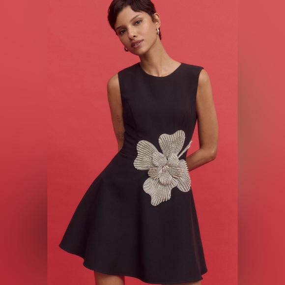 Mac Duggal Sleeveless Rhinestone Flower Crepe A-Line Mini
